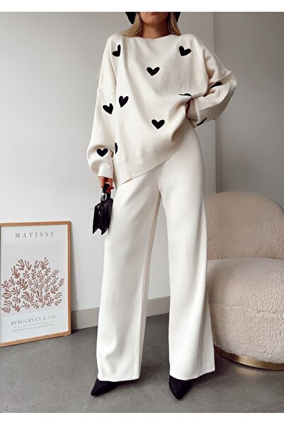 Piano Black Heart Sweater Trousers Double Knitwear Set