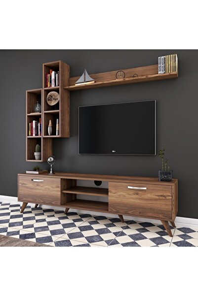Rani Mobilya Rani A9 Raflı Tv Ünitesi Tv Sehpası Duvara Monte Raflı Modern Ayaklı 180 Cm Minyatür Ceviz M16