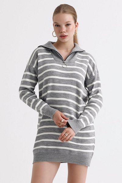 MD trend Zippered Collar Striped Oversize Knitwear Women's Dress Sweater