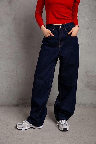 Maule Bequeme Baggy-Jeans mit dunkelblauer Schnalle – locker sitzende, weite Bein- und lockere Damenhose @milano