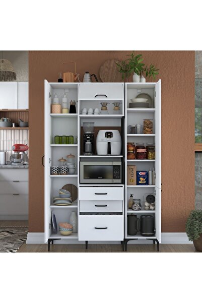 Rani Mobilya Rani JE118 Çok Amaçlı Dolap 4 Kapaklı 3 Çekmeceli Kiler Mutfak Dolabı Beyaz