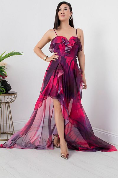 PULLIMM SB7211 Model Rochie Imprimată din Tulle cu frânghie și Volane