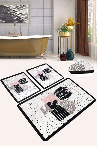 Chilai Home Σετ Three Cactus 3 - Χαλί μπάνιου, Αντιολισθητική βάση και Σετ Τουαλέτας που πλένεται