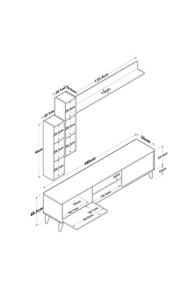 Rani Mobilya Rani A9 Raflı Tv Ünitesi Tv Sehpası Duvara Monte Raflı Modern Ayaklı 180 Cm Minyatür Ceviz M16