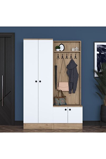 Rani Mobilya Rani P6 Modern Portmanto Raflı Ayakkabılık Vestiyer Sepet Ceviz - Beyaz M11