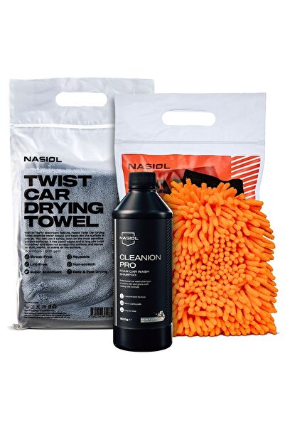 Nasiol -SET 15-Araç Yıkama 3'lü Seti-Araç Şampuanı,Kurulama Havlusu,Araç Yıkama Eldiveni-25 Yıkama