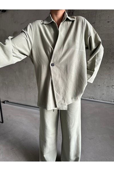Laluvia Khakifarbenes Kimono- und Hosen-Set aus 100 % Baumwolle – Einzelknopf, zweireihiger Verschluss