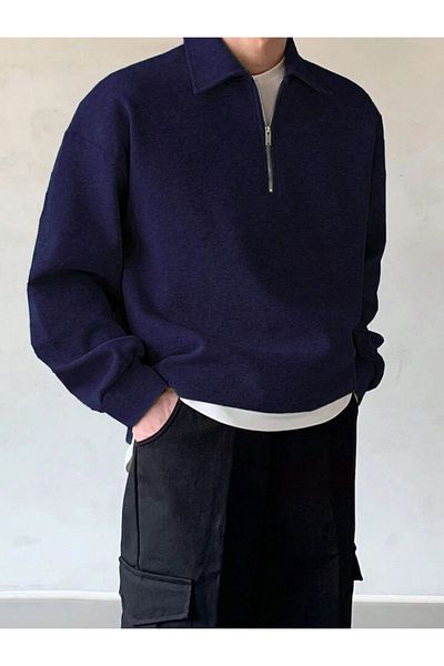 GENIUS STORE Ανδρικό φούτερ με λαιμόκοψη Polo Oversize - Μισό φερμουάρ