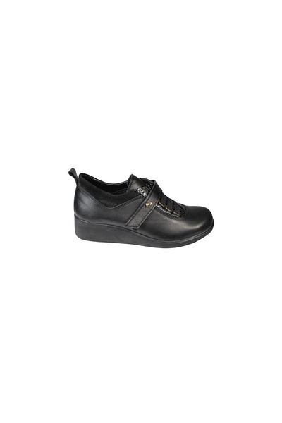 Polaris Polaris Black Genuine Leather 5 Point Velcro 5cm Wedge Heeled Women's Shoes