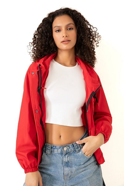 Riverstorm Women's Red Waterproof Wind Resistant Hooded Raincoat - Seasonal with Pockets