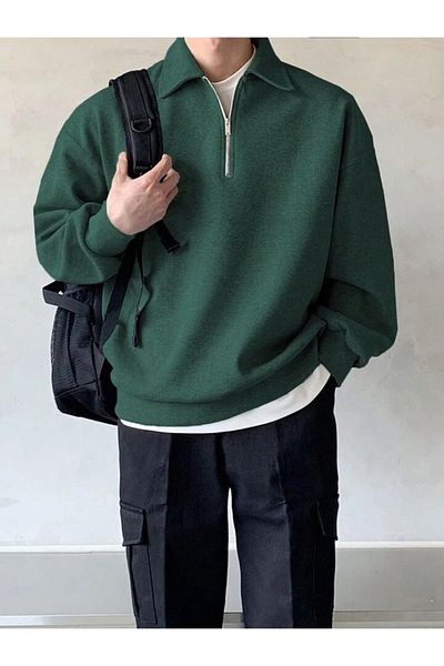 GENIUS STORE Ανδρικό φούτερ με λαιμόκοψη Polo Oversize - Μισό φερμουάρ