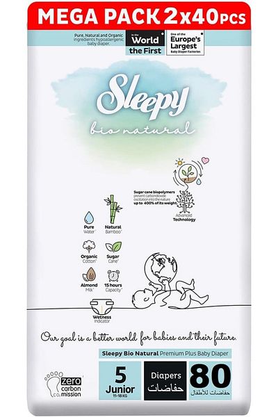 Sleepy Bio Natural Size 5 | 80 Count | 11-18Kg Diapers | Almond Milk | Vegan | 100% Leakproof