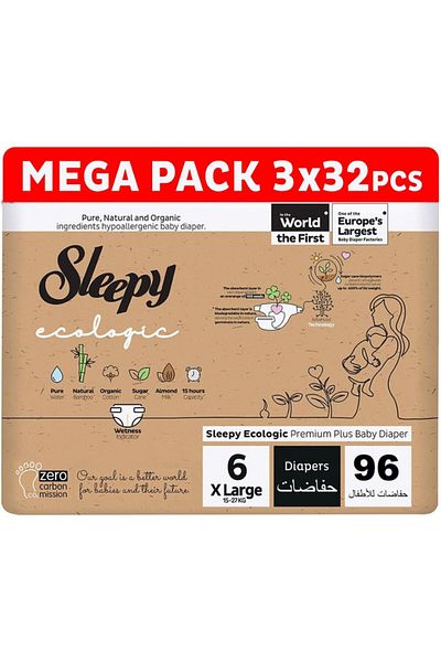 Sleepy Ecologic Size 6 | 96 Count | 3X32 Diapers | Hypoallergenic | Organic | 100% Leakproof