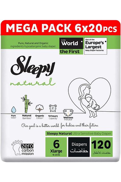 Sleepy Natural Size 6 | 120 Count | 15-25Kg Diapers | 6X20 Bamboo | 100% Dry