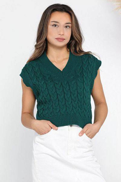 GÜLSELİ Green V-Neck Women's Knitwear Sweater