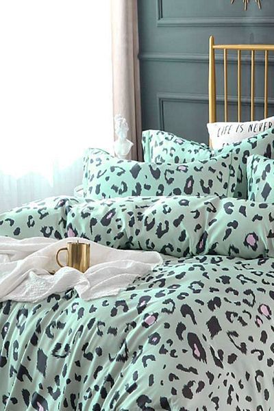 İQON Set cuvertură de pat dublu Leopard Water Green