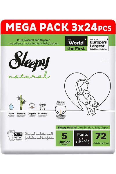 Sleepy Natural Pants Size 5, 72 Count | (7X24) Comfort | Absorbent | Eco-Friendly | Hypoallergenic