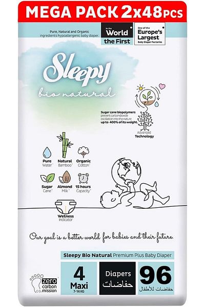 Sleepy Bio Natural Size 4 | 96 Count | 2X48 Diapers | Almond Milk | Vegan | 100% Leakproof