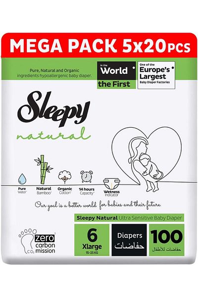 Sleepy Natural Size 6 | 100 Count | 15-25Kg Diapers | Organic Cotton | Bamboo | 100% Dry