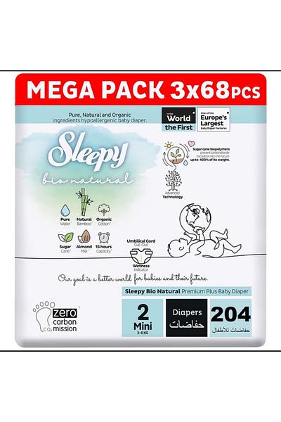 Sleepy Bio Natural Size 2 | 204 Count | 3X68 Diapers | Almond Milk | Vegan | 100% Leakproof