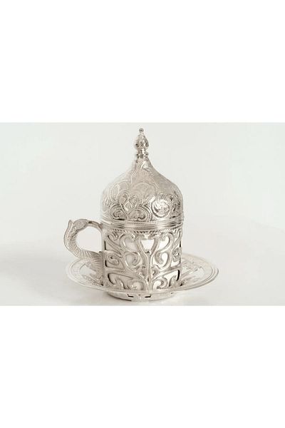 Marateks 6-Person Silver Copper Ottoman Pattern Tray + Turkish Delight Cup Set
