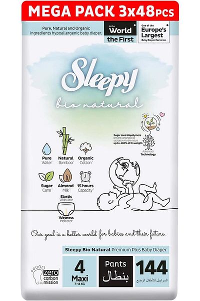 Sleepy Bio Natural Pants Size 4|3x48 Count|Organic|Comfort|Absorbent|Eco-Friendly|Hypoallergenic