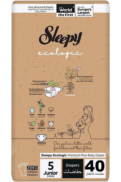 Sleepy Ecologic Size 5 | 40 Count | Plant-Based Diapers | Organic | 100% Leakproof
