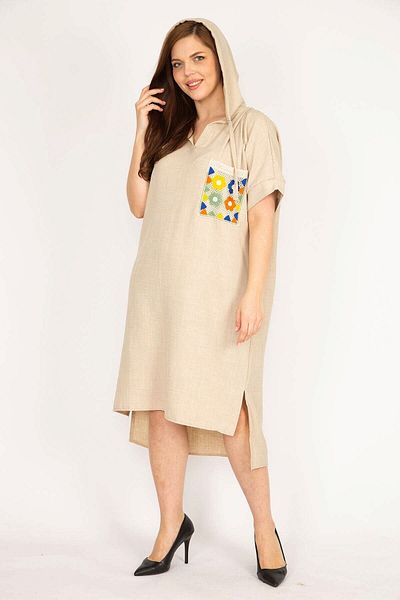 Şans Women's Mink Large Size Hooded Mesh Pocket Detailed Low Sleeve Dress 65n36012