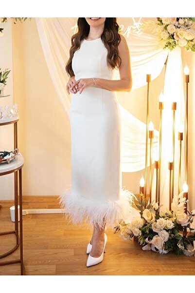 LACASE Beyaz Tüylü Otriş Detaylı Midi Boy Abiye Nişan Söz Nikah Evden Çıkış E...