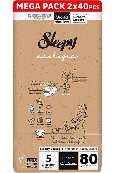 Sleepy Ecologic Size 5 | 80 Count | 2X40 Plant-Based Diapers | Organic | 100% Leakproof