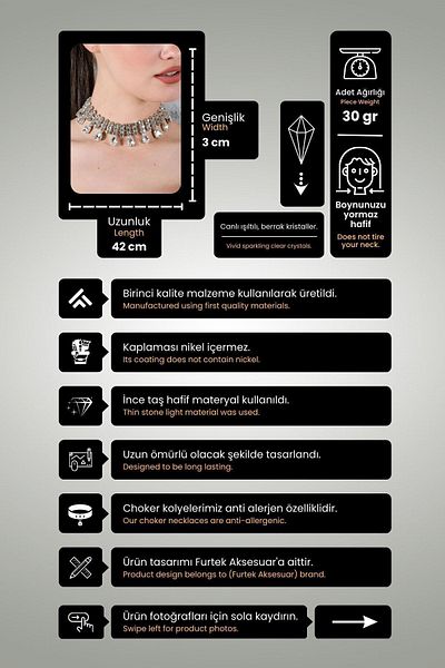 Furtek Aksesuar Women's Multiple Drop Stone Model Silver Diamond Evening Dress Wedding Bridal Engagement Necklace Leash Choker Choker