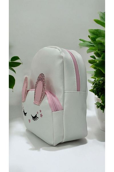 çantaevim Girl and Baby Kids Bag White Cute Animal Pattern Glittery School Backpack with Cat