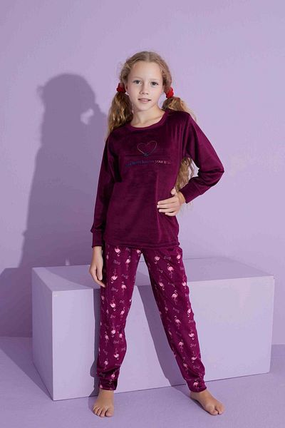 Tarık Children's Swan Patterned Long Sleeve French Velvet Fabric Winter Warm Pajamas Set