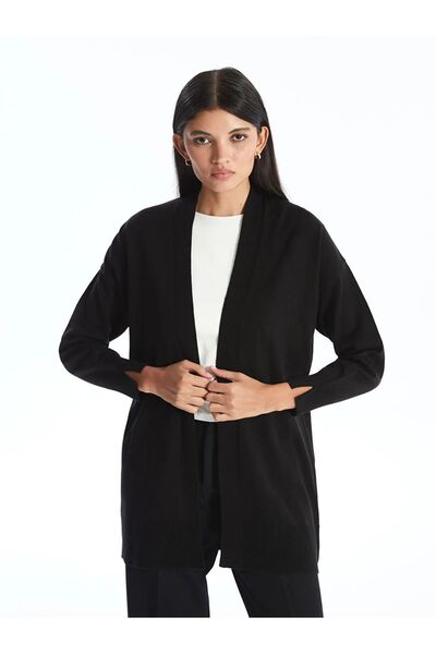 LC Waikiki LCW Modest Siyah Şal Yaka Düz Uzun Kollu Kadın Triko Hırka