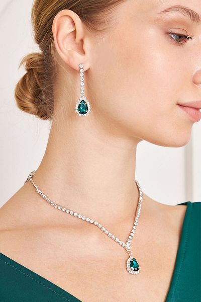 Furtek Aksesuar Women's Zafiros Model Green Zircon Stone Diamond Silver Waterway Necklace Earring Bracelet Combination Jewelry Set