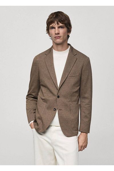 MANGO Man Slim Fit Micro Houndstooth Patterned Blazer Jacket