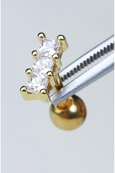 G Sport POLO Steel Colored Tragus Piercing - Non-throwing Baguette Triple Stone Model