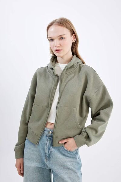 DeFacto Φωτεινό Χακί Χρώμα - Φούτερ Coool με κουκούλα και φερμουάρ, Standard Fit