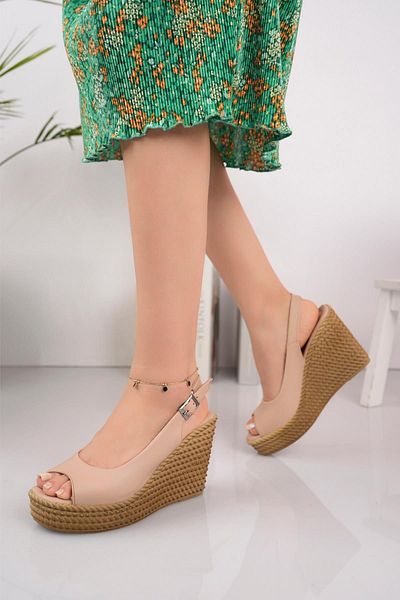 MUGGO Riva Women's Daily Orthopedic Platform Wedge Heeled Straw Sole Detailed Sandals
