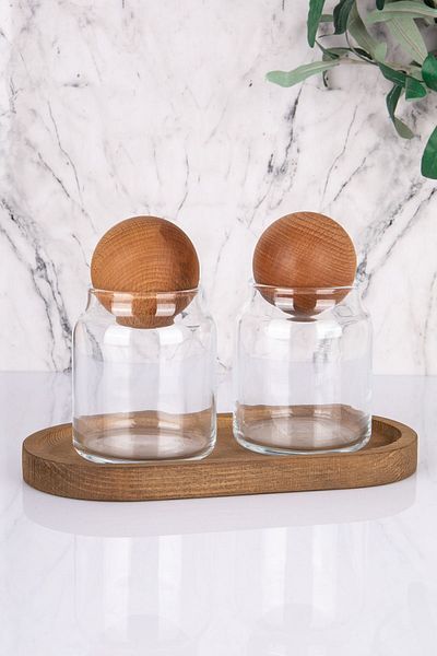 Home 2-piece Glass Jar Set with Wooden Ball Lid and Stand