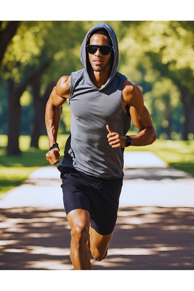 GANNHERS Gri Kapüşonlu Kolsuz Sporcu T-shirt Fitness Atleti Unisex %100 Pamuk
