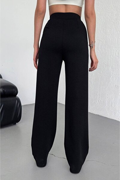 Genel Markalar Kadın Likralı Cırt Kapama Siyah Palazzo Pantolon