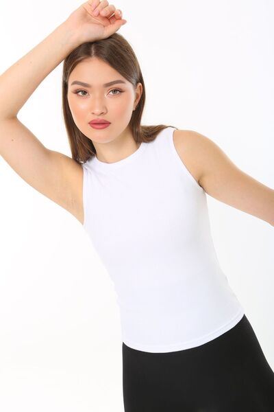 CHEISU Λευκό μπλουζάκι με λαιμόκοψη - Γυναικείο κορμάκι με μηδενικό μανίκι με ριμπ καμιζόλα