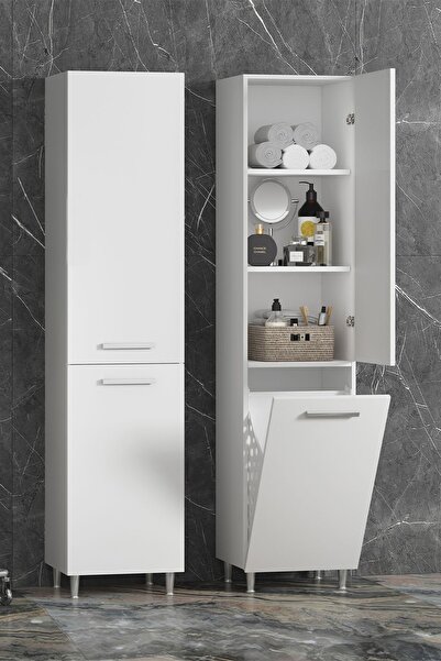 ÖZCEDEN 35*167 cm Beyaz MDF Sepetli Ayaklı Banyo Boy Dolabı