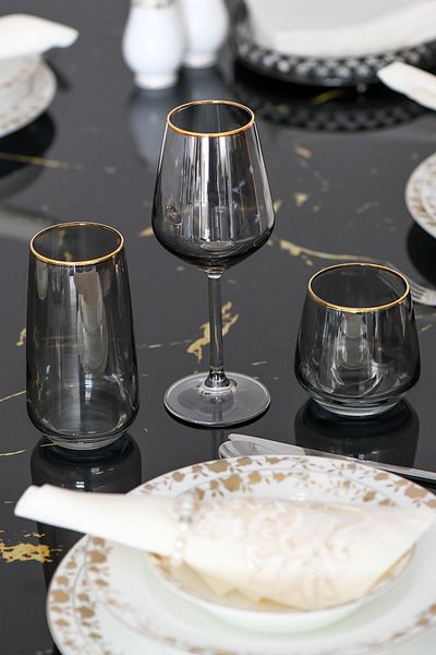 P H Panayır Home 18 Pieces Luxury Smoked Gold Gilt Goblet Soft Drink Water Cup Set with Dowry Holder