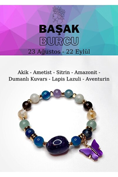 LEMURYANSTONE Başak Burcu Kadın Bileklik Akik-Ametist-Sitrin-Amazonit-Dumanlı...