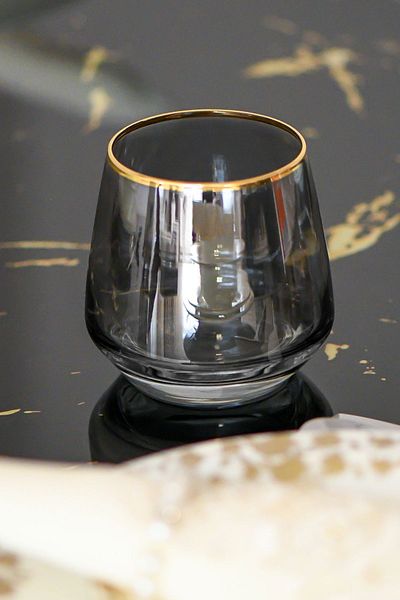 P H Panayır Home 18 Pieces Luxury Smoked Gold Gilt Goblet Soft Drink Water Cup Set with Dowry Holder