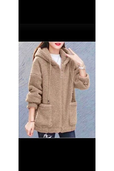 GENÇ MODA سترة نسائية شتوية بغطاء للرأس بسحاب كامل من القطيفة