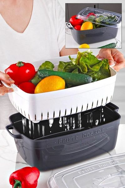 Open Home Concept Rectangular Pot Model with Strainer Fruit - Vegetable Storage Container Anthracite