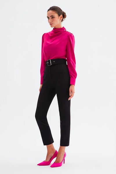 Sateen Navy Blue High Waist Belted Trousers